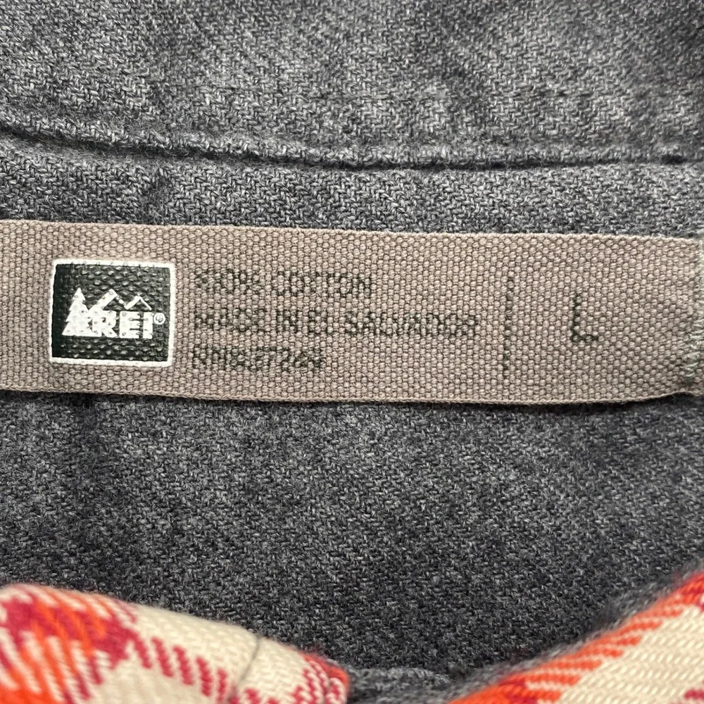 REI Co-op Mens Large Grey Orange Plaid Cotton Flannel Shirt Elbow Patches